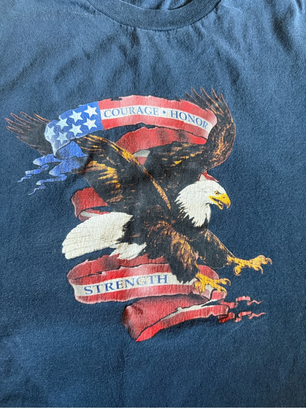 Vintage Americana Bald Eagle Flag Graphic T Shirt Courage Honor Strength